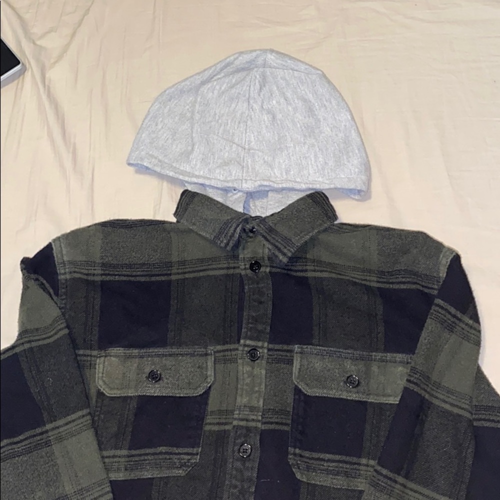 DC green and black plaid jacket with grey hood